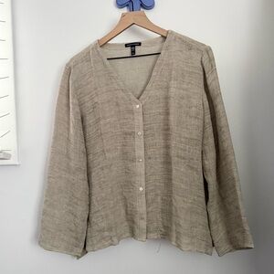 Eileen Fisher Large V Neck Organic Linen Button Up Top Gauze Relaxed Neutral